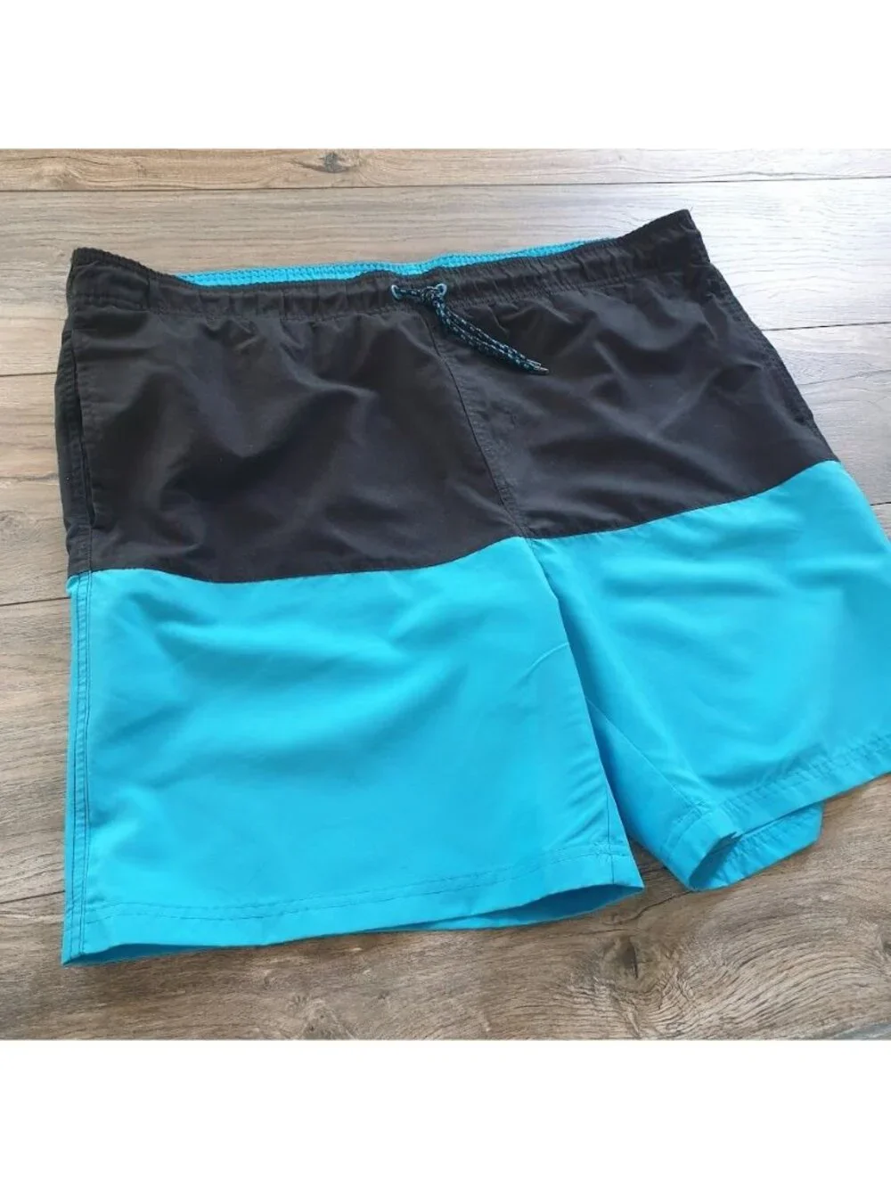 Faded Glory Mens Swim Trunks Large Colorblock Turquoise Black Drawstring Elastic